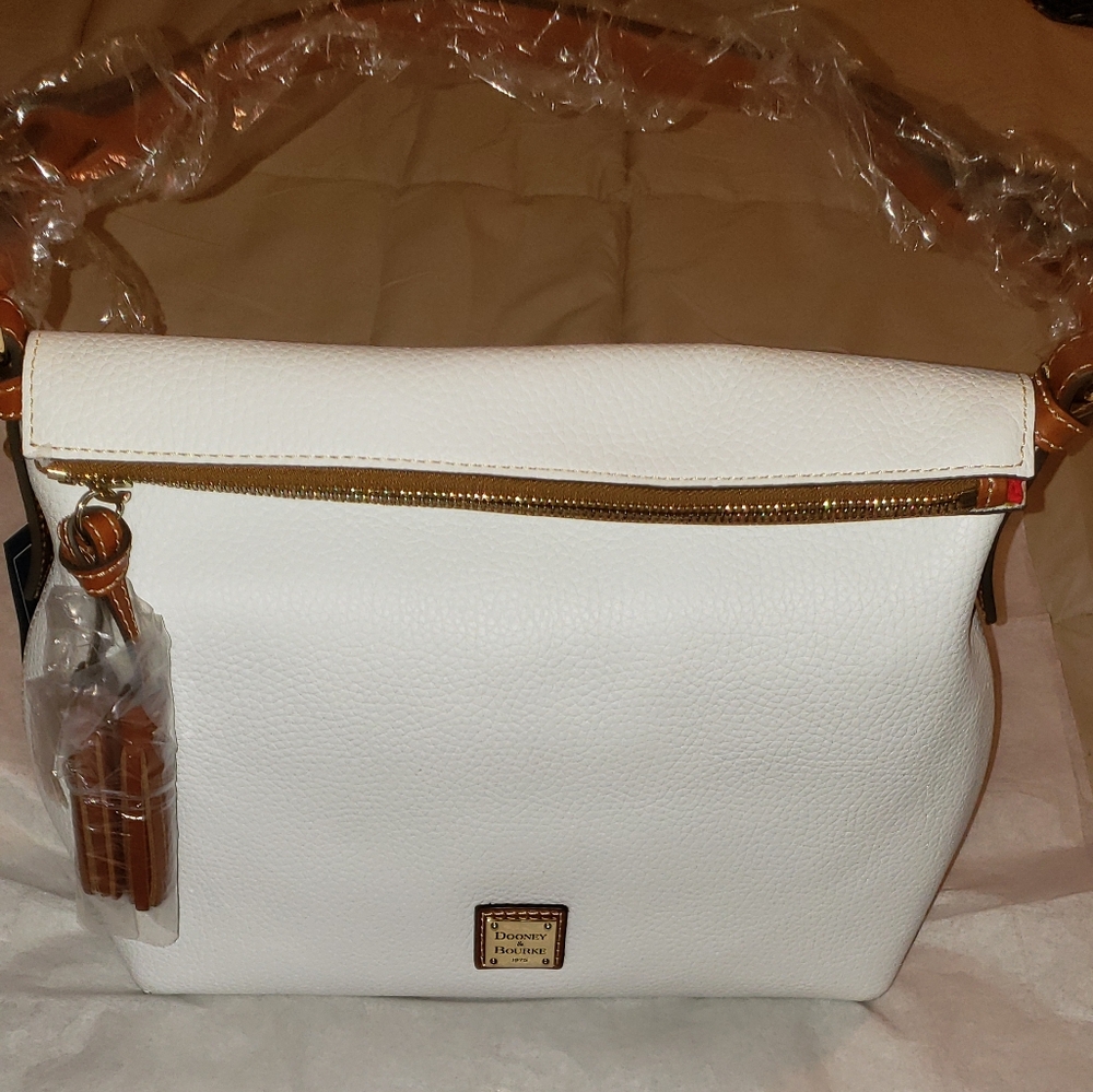 Dooney and Bourke Pebble Leather Twist Strap Hobo Bag Color White/Tan Trim NWT